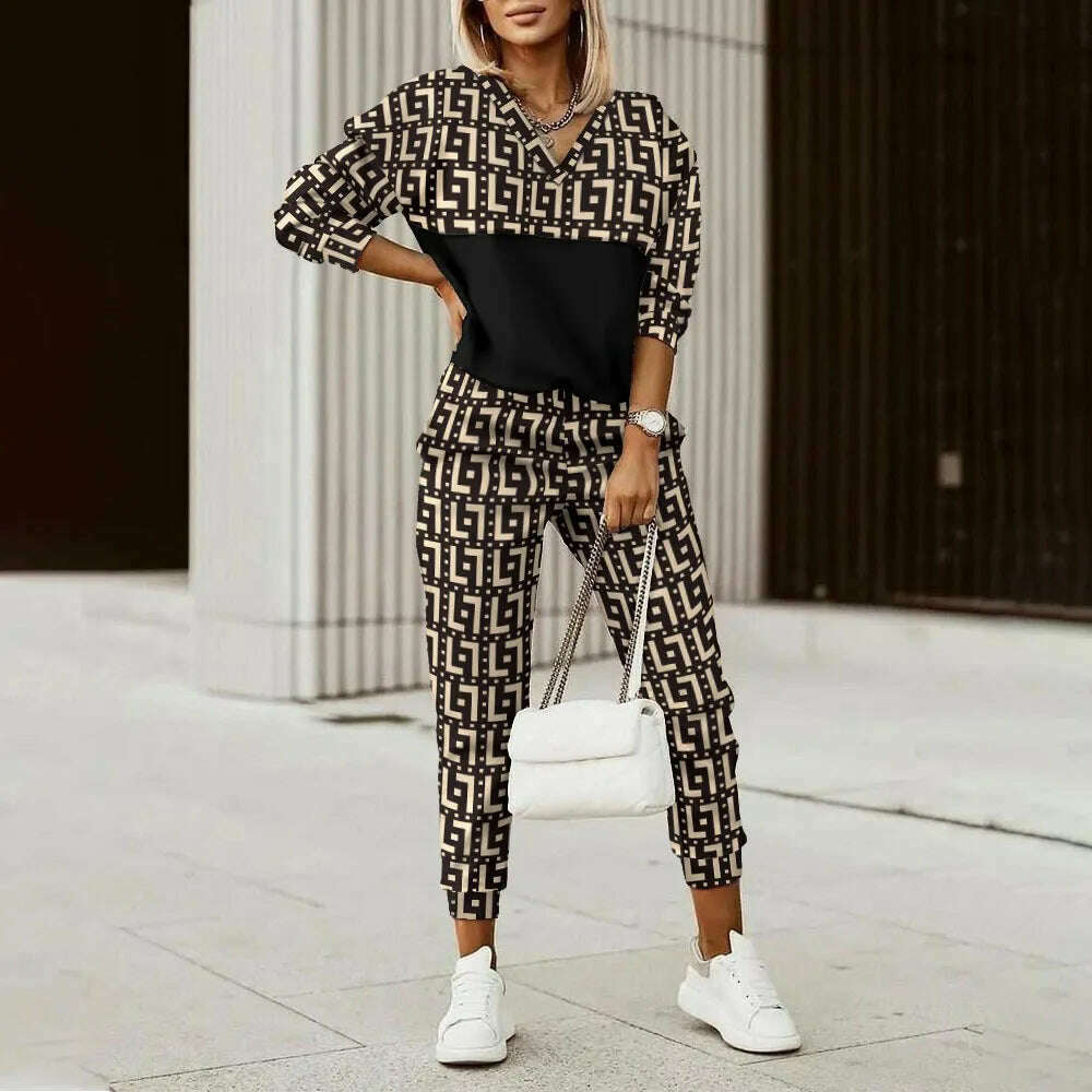 KIMLUD, Women Tracksuit Spring Autumn Two Pieces Set Female Print Loose Pants Matching Suit Streetwear Long Sleeve Tops And Trousers Set, champagne / S, KIMLUD APPAREL - Womens Clothes