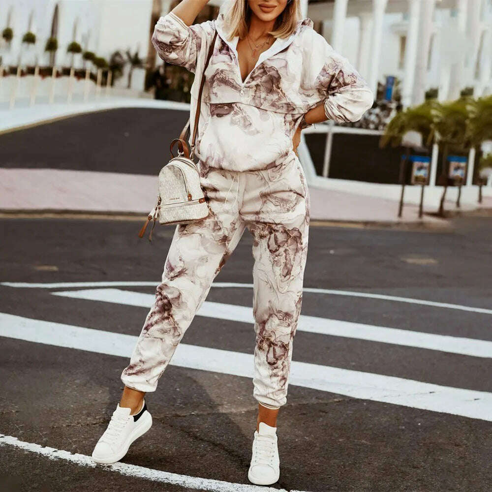KIMLUD, Women Tracksuit Spring Autumn Two Pieces Set Female Print Loose Pants Matching Suit Streetwear Long Sleeve Tops And Trousers Set, Ivory / S, KIMLUD APPAREL - Womens Clothes