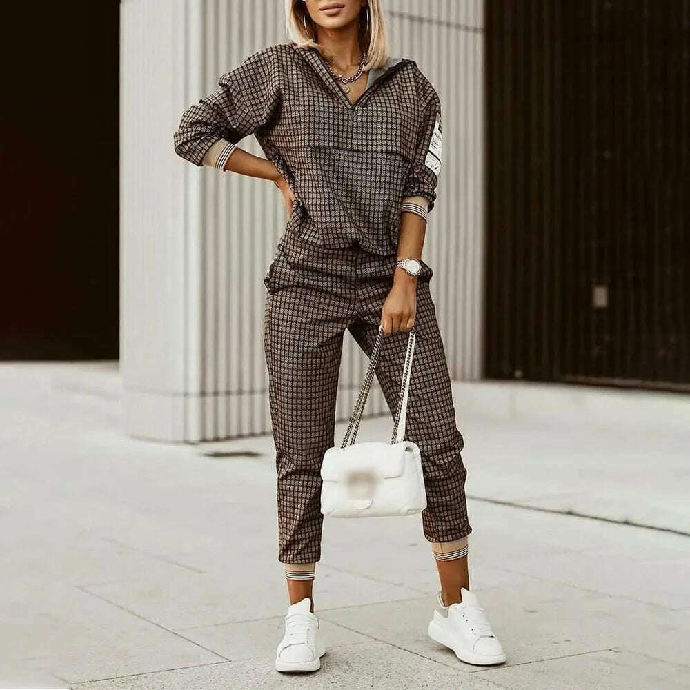 KIMLUD, Women Tracksuit Spring Autumn Two Pieces Set Female Print Loose Pants Matching Suit Streetwear Long Sleeve Tops And Trousers Set, Camel / S, KIMLUD APPAREL - Womens Clothes