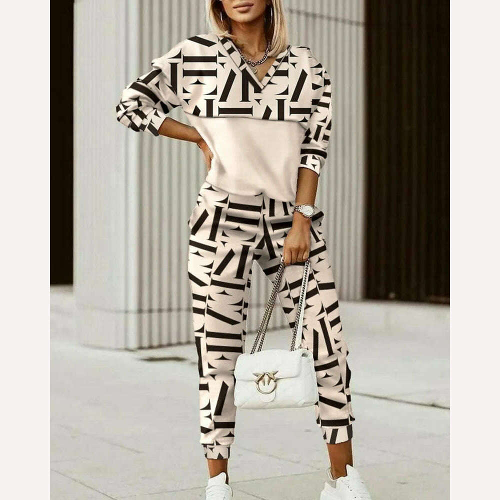 KIMLUD, Women Tracksuit Spring Autumn Two Pieces Set Female Print Loose Pants Matching Suit Streetwear Long Sleeve Tops And Trousers Set, Beige / S, KIMLUD APPAREL - Womens Clothes