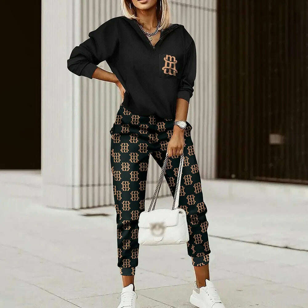 KIMLUD, Women Tracksuit Spring Autumn Two Pieces Set Female Print Loose Pants Matching Suit Streetwear Long Sleeve Tops And Trousers Set, Black / S, KIMLUD APPAREL - Womens Clothes