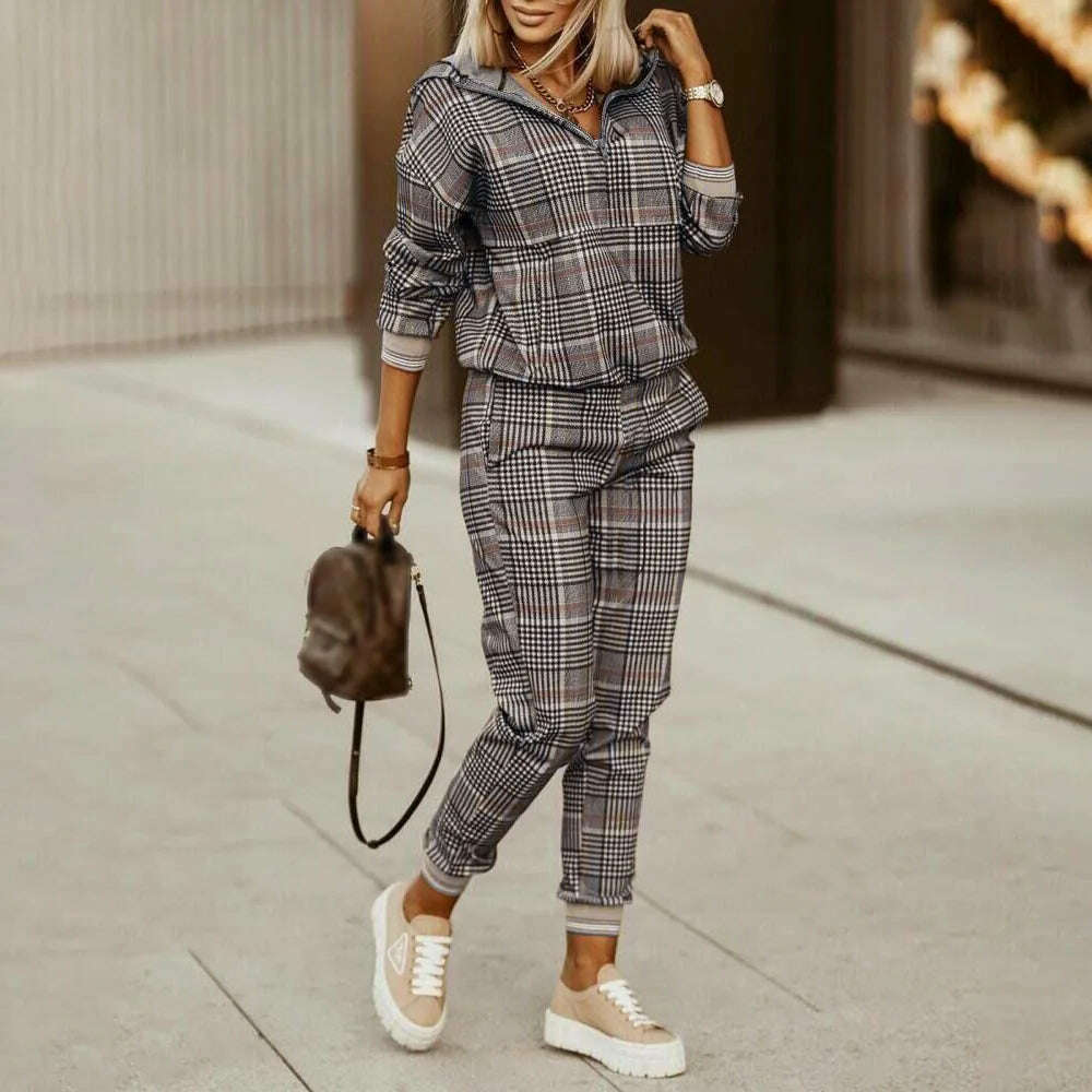 KIMLUD, Women Tracksuit Spring Autumn Two Pieces Set Female Print Loose Pants Matching Suit Streetwear Long Sleeve Tops And Trousers Set, Chocolate / S, KIMLUD APPAREL - Womens Clothes