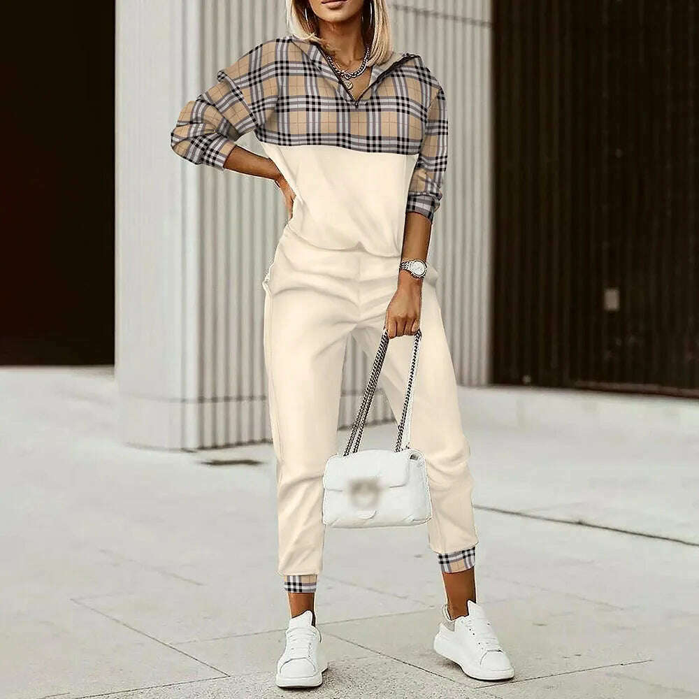 KIMLUD, Women Tracksuit Spring Autumn Two Pieces Set Female Print Loose Pants Matching Suit Streetwear Long Sleeve Tops And Trousers Set, Khaki / S, KIMLUD APPAREL - Womens Clothes