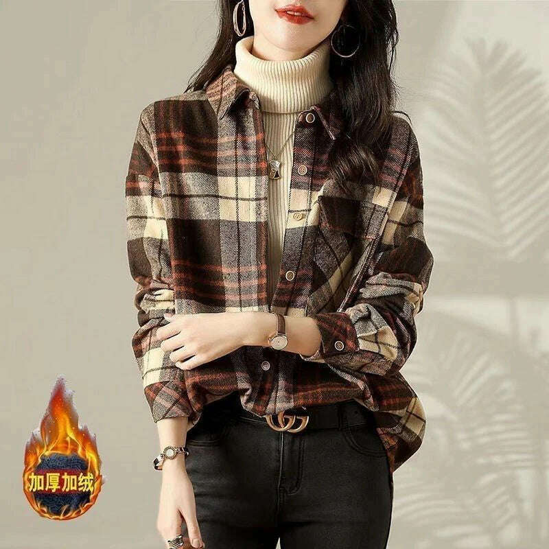 KIMLUD, Women Trendy Vintage Plaid Thick Y2K Button Shirts Autumn Winter Casual Streetwear Pockets Blouses Female Long Sleeve Loose Tops, Coffee Thick / XXXL(75-87.5kg), KIMLUD Womens Clothes