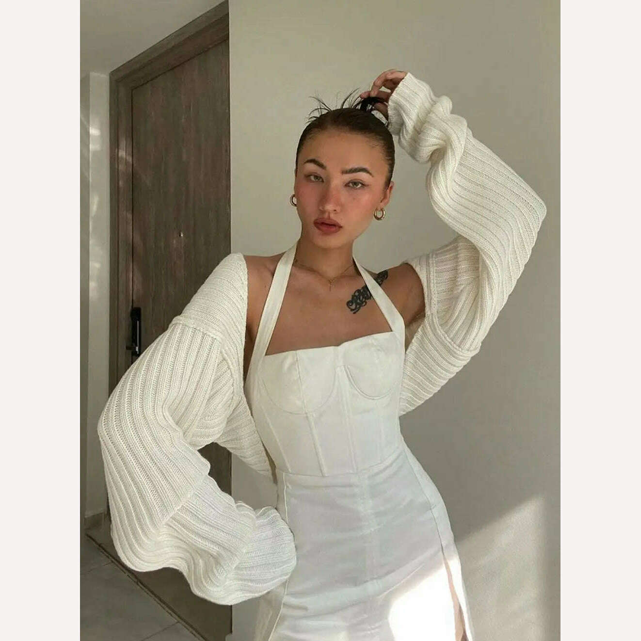 KIMLUD, Women Ultra-short Sweater Coat 2022 Autumn Winter Long Sleeve Loose Knitted Crop Tops Solid Color Sexy Cardigan Sweaters Tops, WHITE / One Size, KIMLUD APPAREL - Womens Clothes