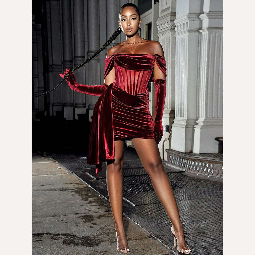 KIMLUD, Women Velvet Draping Off Shoulder Corset Wrap Mini Dress Formal Occasions Birthday Event Party Dresses платье женское, Burgundy / XXL, KIMLUD APPAREL - Womens Clothes