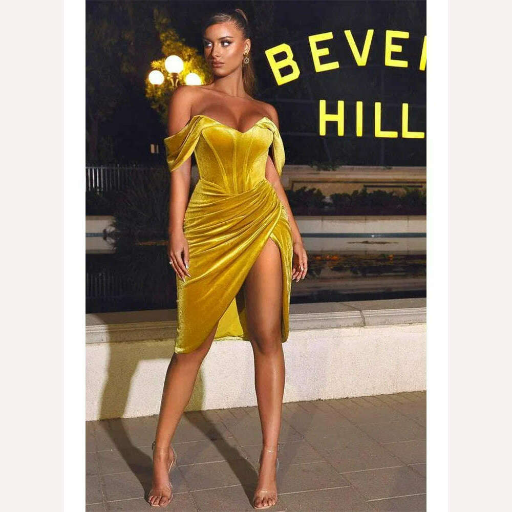KIMLUD, Women Velvet Draping Off Shoulder Corset Wrap Mini Dress Formal Occasions Birthday Event Party Dresses платье женское, Yellow / XL, KIMLUD APPAREL - Womens Clothes