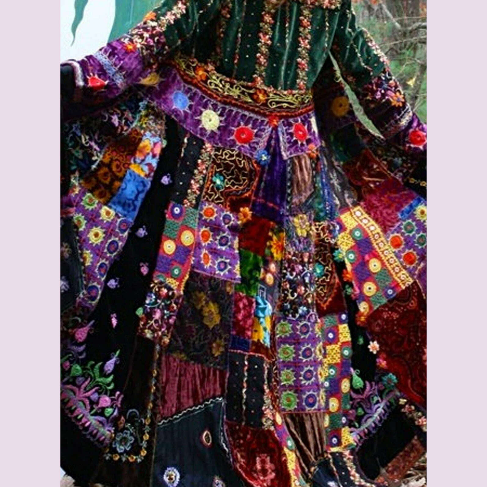 KIMLUD, Women Velvet Dress Floral Printed Pleated Dress Turn Down Collar American Retro  Casual Long Sleeve Patchwork Outerwear Dress, KIMLUD Womens Clothes