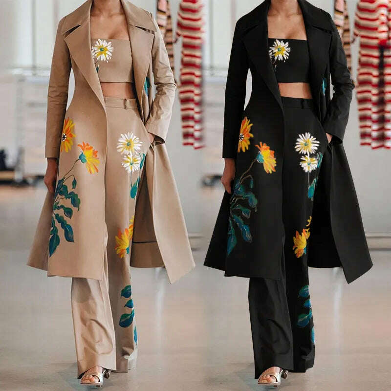 KIMLUD, Women Vintage Print Blazer 3 Pcs Elegant Long Sleeve Suit Jackets Vest and Flare Pants Suit Female Chic Business Outfits, KIMLUD Womens Clothes