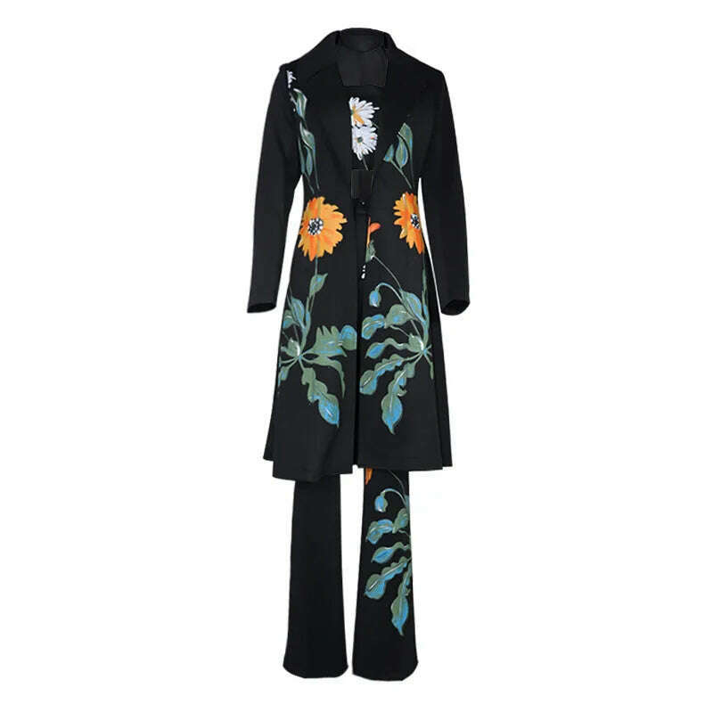 KIMLUD, Women Vintage Print Blazer 3 Pcs Elegant Long Sleeve Suit Jackets Vest and Flare Pants Suit Female Chic Business Outfits, KIMLUD Womens Clothes