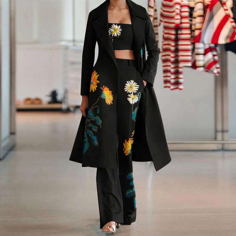 KIMLUD, Women Vintage Print Blazer 3 Pcs Elegant Long Sleeve Suit Jackets Vest and Flare Pants Suit Female Chic Business Outfits, KIMLUD Womens Clothes