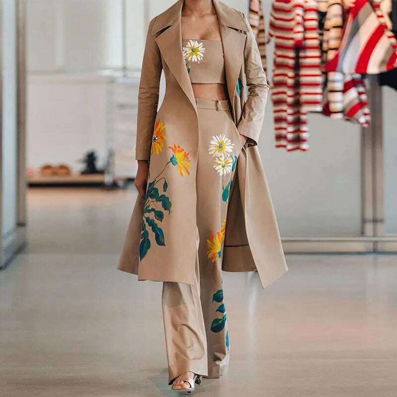 KIMLUD, Women Vintage Print Blazer 3 Pcs Elegant Long Sleeve Suit Jackets Vest and Flare Pants Suit Female Chic Business Outfits, KIMLUD Womens Clothes