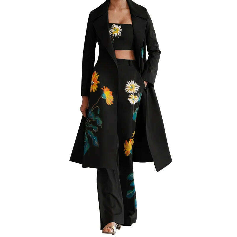 KIMLUD, Women Vintage Print Blazer 3 Pcs Elegant Long Sleeve Suit Jackets Vest and Flare Pants Suit Female Chic Business Outfits, KIMLUD Womens Clothes