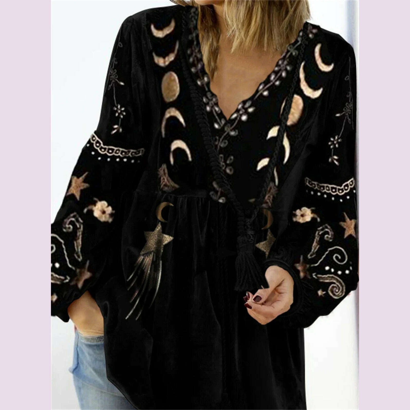 KIMLUD, Women Vintage Velvet Shirt Star Moon Pattern V Neck Long Sleeve Streetwear Spring Autumn Loose T-shirt Pullover 2024, KIMLUD Womens Clothes