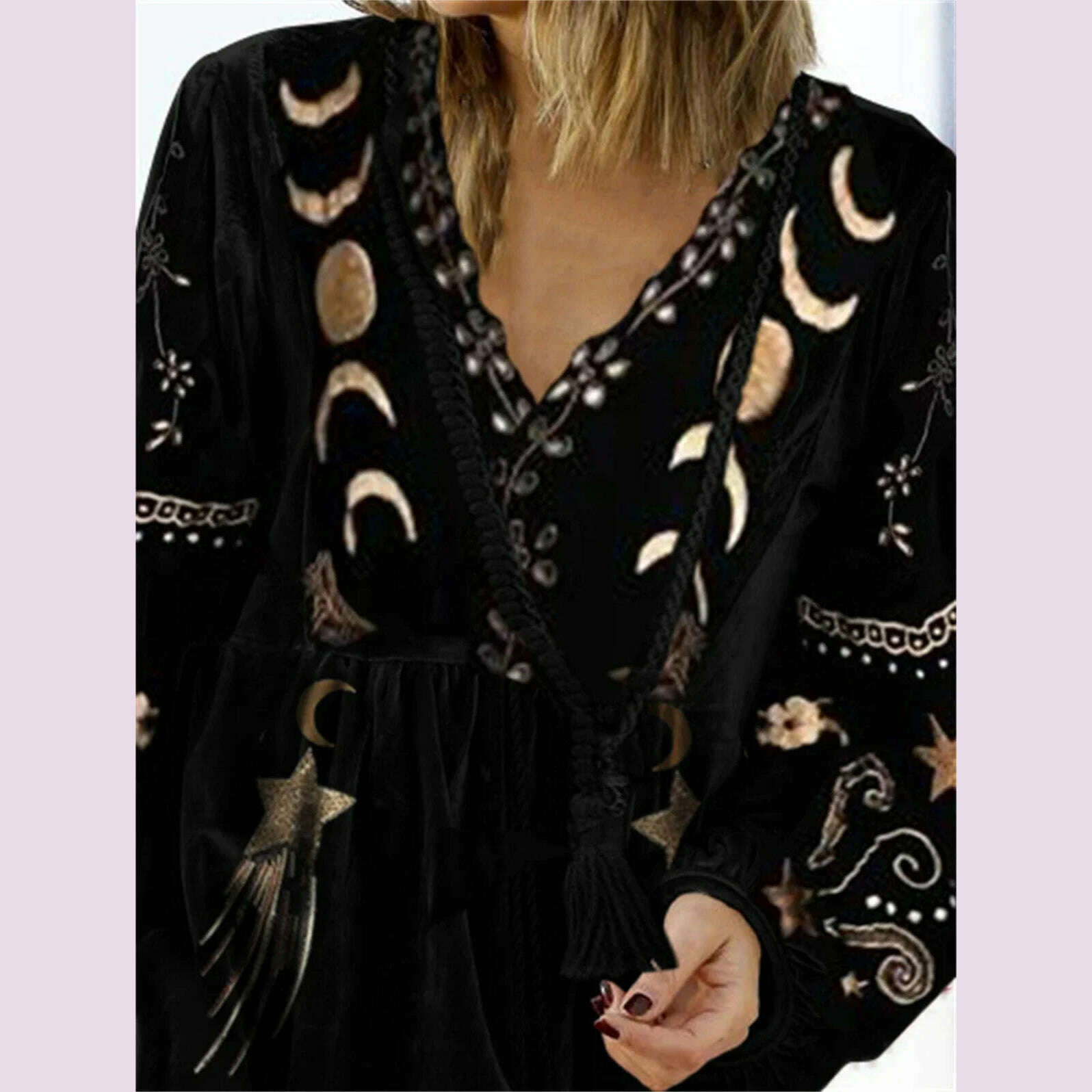 KIMLUD, Women Vintage Velvet Shirt Star Moon Pattern V Neck Long Sleeve Streetwear Spring Autumn Loose T-shirt Pullover 2024, KIMLUD Womens Clothes