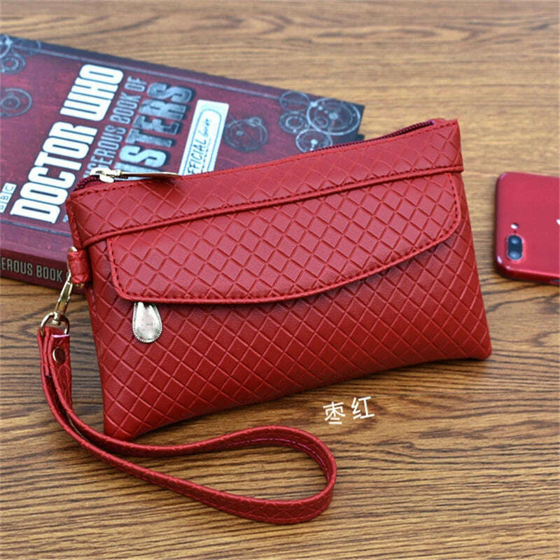 KIMLUD, Women Wallet Clutch Plaid Zipper Organizer Purse Long Key Coin Bag Casual Female Wallet Ladies Leather Money Bag, Red, KIMLUD APPAREL - Womens Clothes