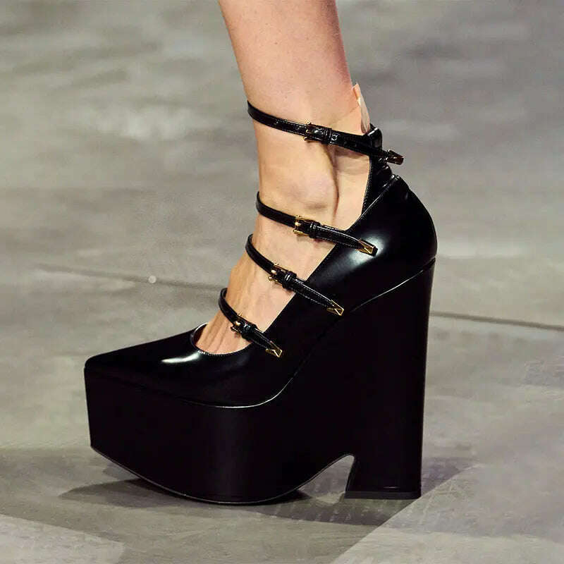 KIMLUD, Women Wedge High Heels Platform Black Leather Shoes Designer Sandals Buckle Ankle Strap Decor Luxury Ladies New Fashion, KIMLUD Women's Clothes