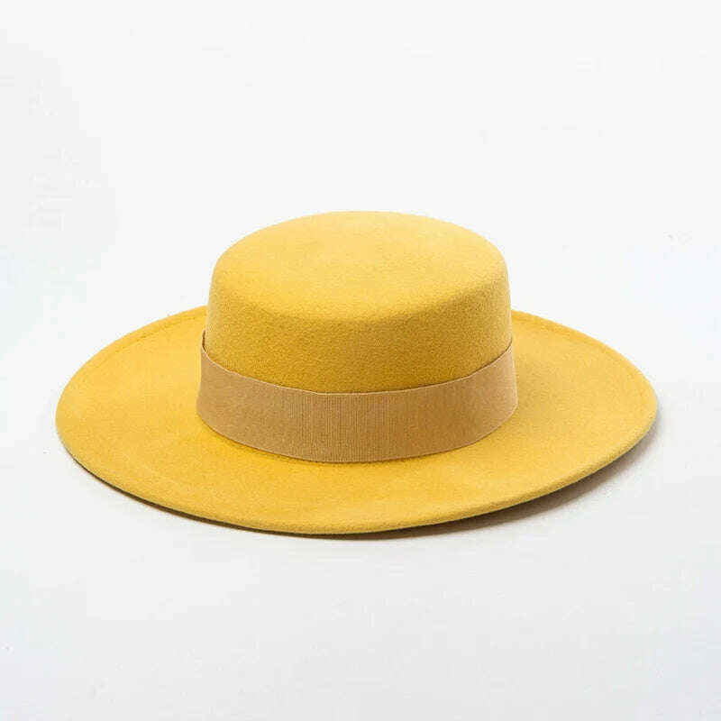 KIMLUD, Women Wide Brim Fedora 100% Wool Flat Top Hat Ribbon Bowknot Accent Church Dress Derby Ladies Hat Warm Winter Hats Cap, Yellow, KIMLUD APPAREL - Womens Clothes