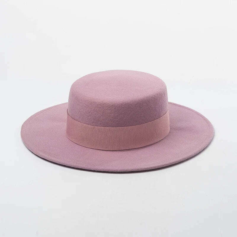 KIMLUD, Women Wide Brim Fedora 100% Wool Flat Top Hat Ribbon Bowknot Accent Church Dress Derby Ladies Hat Warm Winter Hats Cap, pink, KIMLUD APPAREL - Womens Clothes