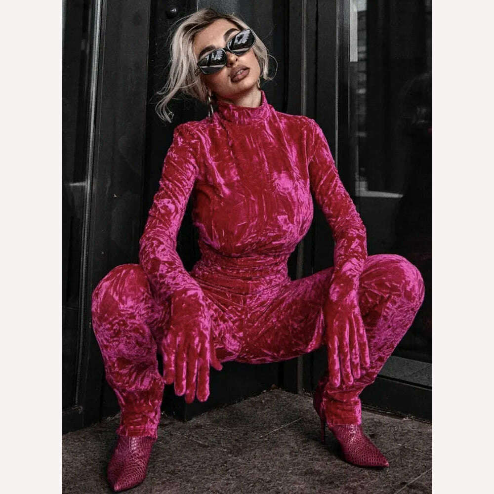 KIMLUD, Women Winter Fashion Sexy Long Sleeve Turtleneck Hot Pink Bodycon Velvet Jumpsuit 2022 Celebrity Designer High Street Rompers, KIMLUD Womens Clothes