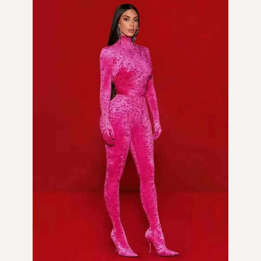 KIMLUD, Women Winter Fashion Sexy Long Sleeve Turtleneck Hot Pink Bodycon Velvet Jumpsuit 2022 Celebrity Designer High Street Rompers, KIMLUD Womens Clothes