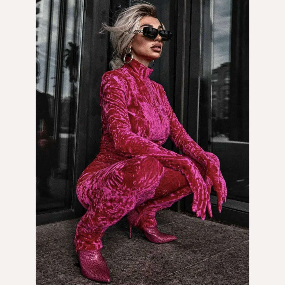 KIMLUD, Women Winter Fashion Sexy Long Sleeve Turtleneck Hot Pink Bodycon Velvet Jumpsuit 2022 Celebrity Designer High Street Rompers, KIMLUD Womens Clothes