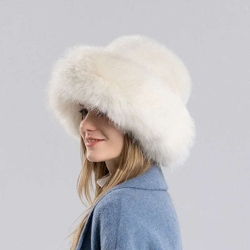 KIMLUD, Women Winter Hat Thickened Artificial Rabbit Hair Bucket Hat Warm Earwarmer Earmuff Russia Cossack Hat Fur Outdoor Ski Cap, White / 55-60cm, KIMLUD APPAREL - Womens Clothes