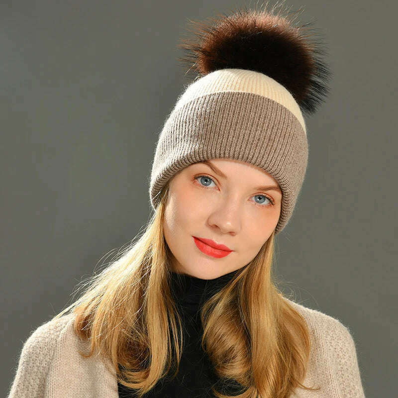 KIMLUD, Women Winter Hats Cashmere Knitted Wool Cap Real Fur Ball Top Striped Knitted Hat Female Fashion Cap Ladies Hedging Wool Beanie, KIMLUD Womens Clothes