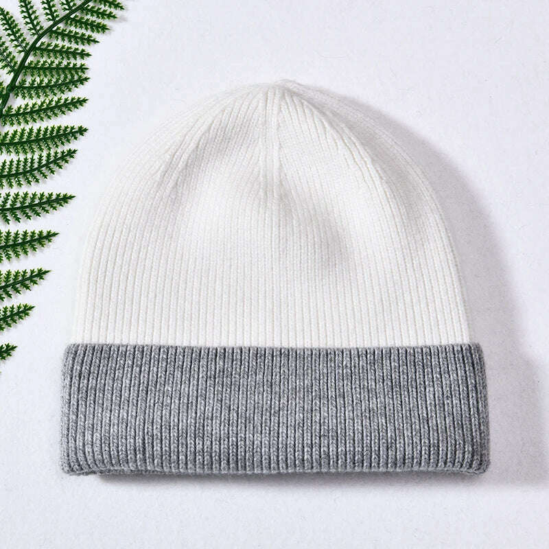 KIMLUD, Women Winter Hats Cashmere Knitted Wool Cap Real Fur Ball Top Striped Knitted Hat Female Fashion Cap Ladies Hedging Wool Beanie, White and grey, KIMLUD APPAREL - Womens Clothes