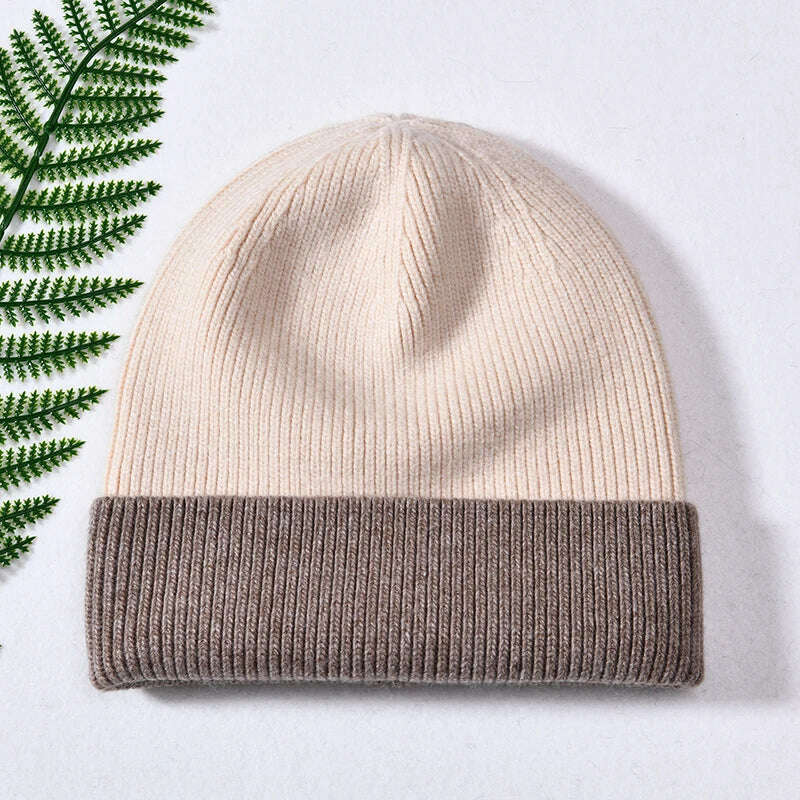 KIMLUD, Women Winter Hats Cashmere Knitted Wool Cap Real Fur Ball Top Striped Knitted Hat Female Fashion Cap Ladies Hedging Wool Beanie, Khaki and beige, KIMLUD APPAREL - Womens Clothes