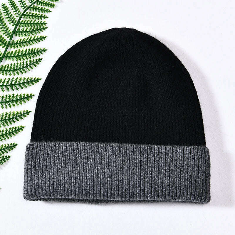 KIMLUD, Women Winter Hats Cashmere Knitted Wool Cap Real Fur Ball Top Striped Knitted Hat Female Fashion Cap Ladies Hedging Wool Beanie, Black and grey, KIMLUD APPAREL - Womens Clothes
