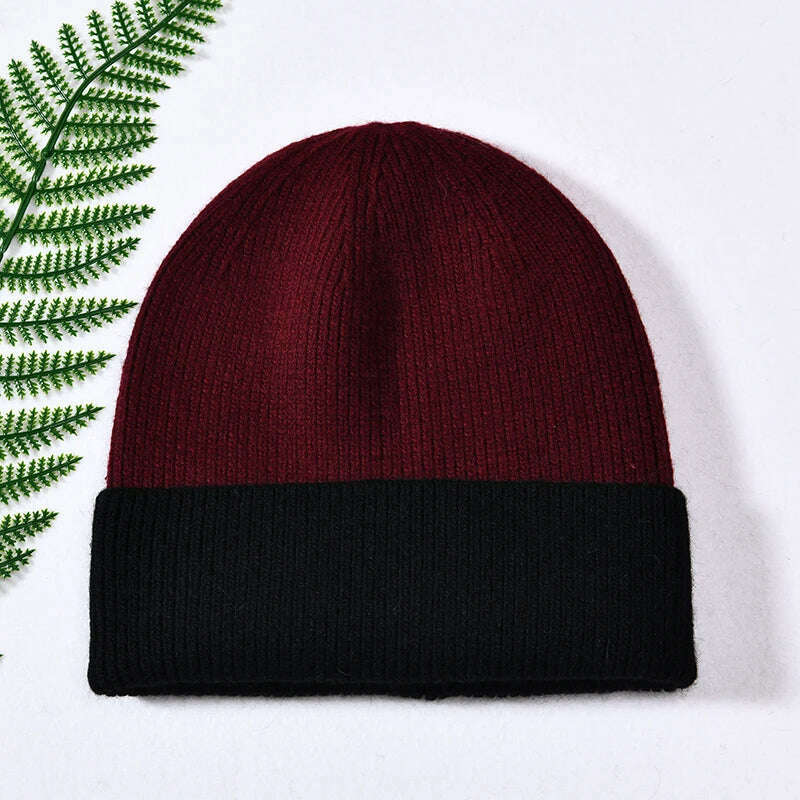 KIMLUD, Women Winter Hats Cashmere Knitted Wool Cap Real Fur Ball Top Striped Knitted Hat Female Fashion Cap Ladies Hedging Wool Beanie, Burgundy and black, KIMLUD APPAREL - Womens Clothes