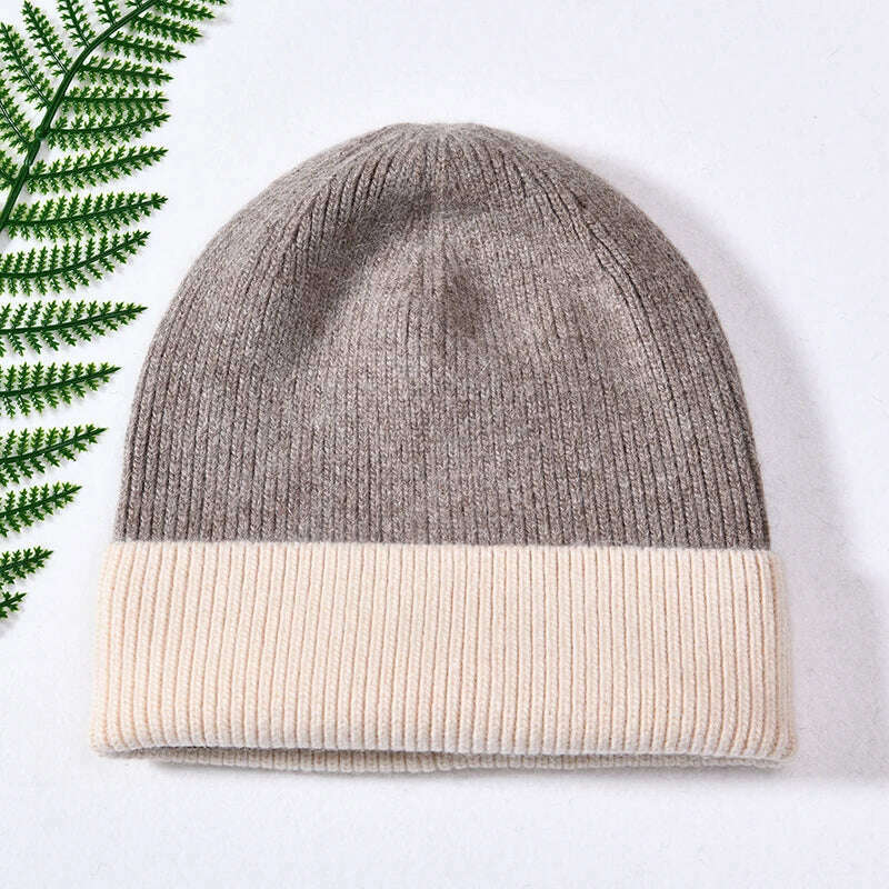 KIMLUD, Women Winter Hats Cashmere Knitted Wool Cap Real Fur Ball Top Striped Knitted Hat Female Fashion Cap Ladies Hedging Wool Beanie, Beige and khaki, KIMLUD APPAREL - Womens Clothes