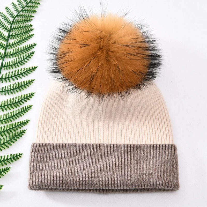 KIMLUD, Women Winter Hats Cashmere Knitted Wool Cap Real Fur Ball Top Striped Knitted Hat Female Fashion Cap Ladies Hedging Wool Beanie, Khaki and beige N, KIMLUD APPAREL - Womens Clothes