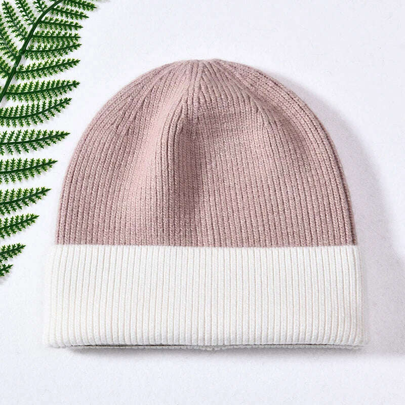 KIMLUD, Women Winter Hats Cashmere Knitted Wool Cap Real Fur Ball Top Striped Knitted Hat Female Fashion Cap Ladies Hedging Wool Beanie, Pink and white, KIMLUD APPAREL - Womens Clothes