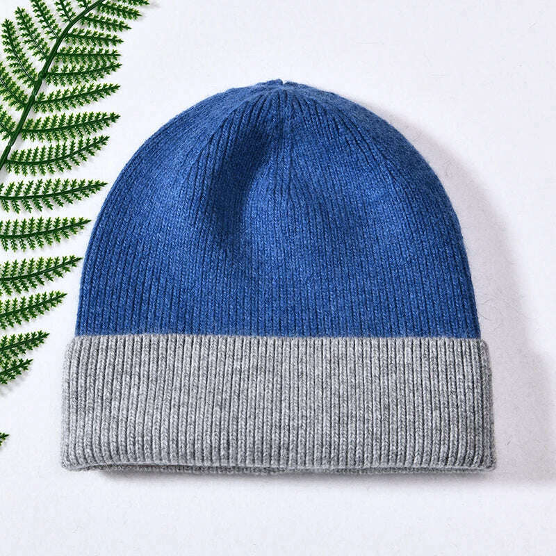 KIMLUD, Women Winter Hats Cashmere Knitted Wool Cap Real Fur Ball Top Striped Knitted Hat Female Fashion Cap Ladies Hedging Wool Beanie, Denim and grey, KIMLUD APPAREL - Womens Clothes