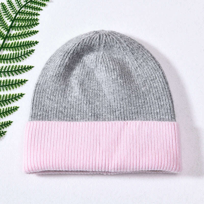 KIMLUD, Women Winter Hats Cashmere Knitted Wool Cap Real Fur Ball Top Striped Knitted Hat Female Fashion Cap Ladies Hedging Wool Beanie, Grey and pink, KIMLUD APPAREL - Womens Clothes