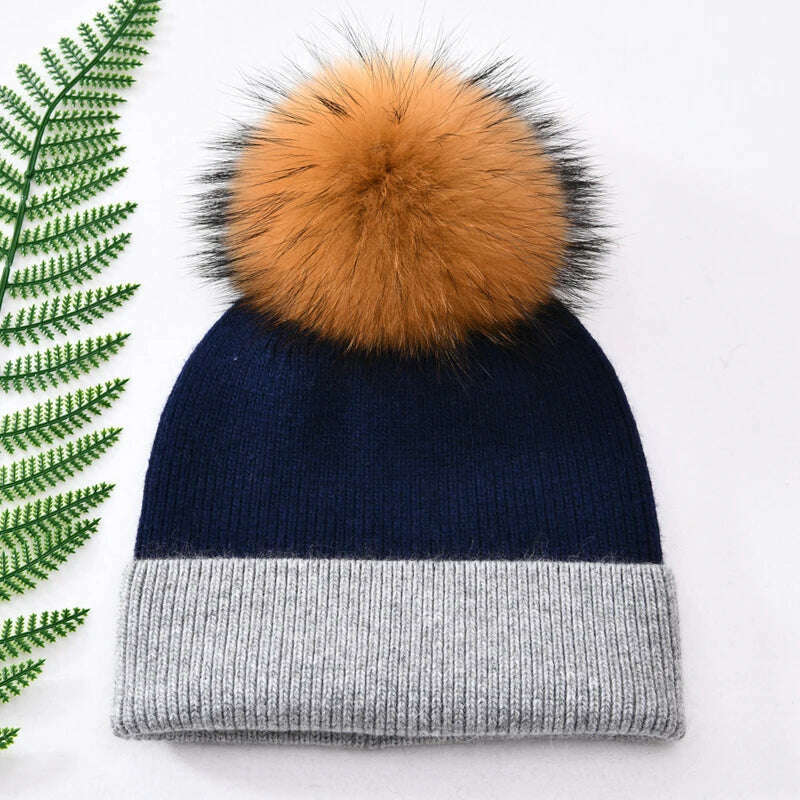 KIMLUD, Women Winter Hats Cashmere Knitted Wool Cap Real Fur Ball Top Striped Knitted Hat Female Fashion Cap Ladies Hedging Wool Beanie, Navy and grey N, KIMLUD APPAREL - Womens Clothes
