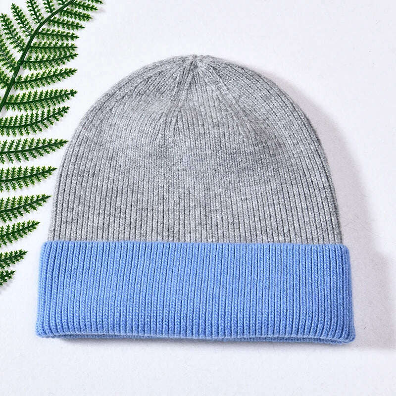 KIMLUD, Women Winter Hats Cashmere Knitted Wool Cap Real Fur Ball Top Striped Knitted Hat Female Fashion Cap Ladies Hedging Wool Beanie, Grey and blue, KIMLUD APPAREL - Womens Clothes
