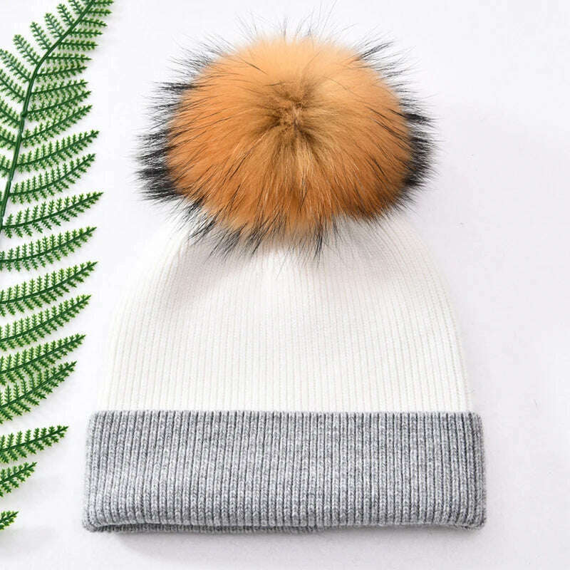 KIMLUD, Women Winter Hats Cashmere Knitted Wool Cap Real Fur Ball Top Striped Knitted Hat Female Fashion Cap Ladies Hedging Wool Beanie, White and grey N, KIMLUD APPAREL - Womens Clothes