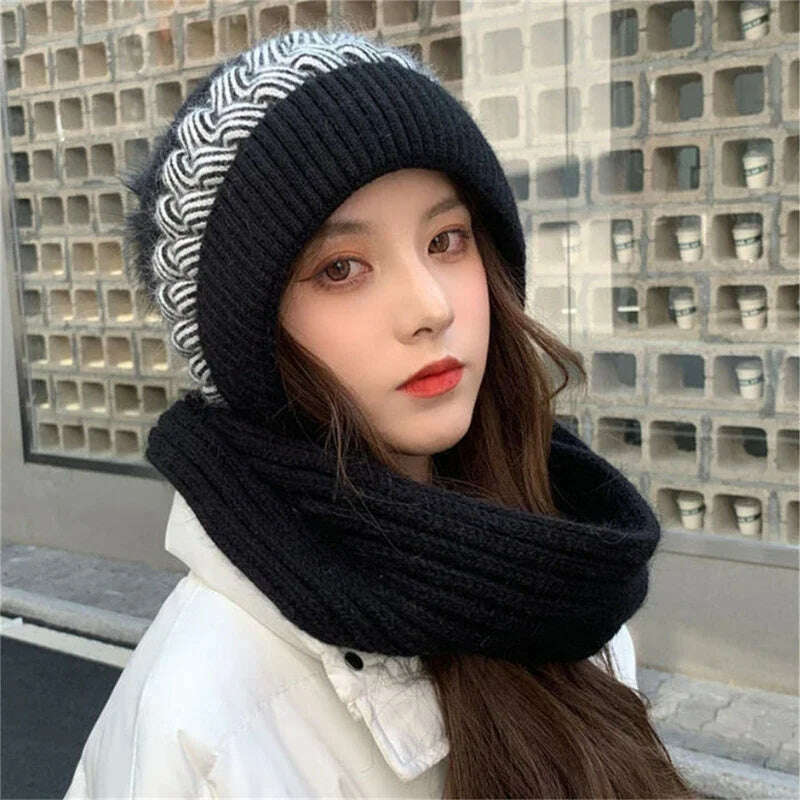 KIMLUD, Women Winter Hood Beanies Thick Woolen Knitted Hat Scarf Fur Pompom Crochet Bonnet Outdoor Ski Female Skullies Cap Warm Headgear, balck, KIMLUD APPAREL - Womens Clothes