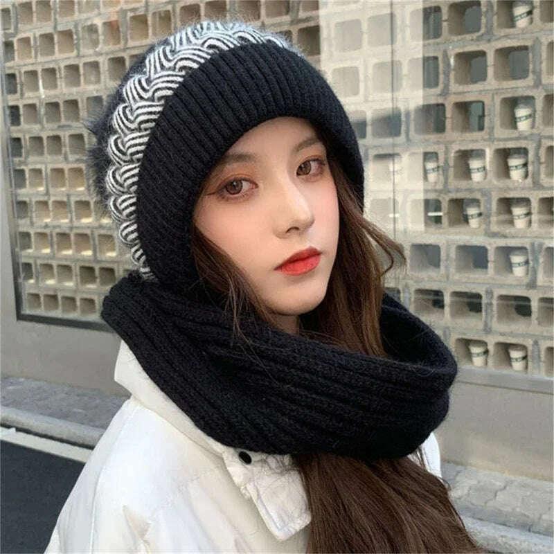 KIMLUD, Women Winter Hood Beanies Thick Woolen Knitted Hat Scarf Fur Pompom Crochet Bonnet Outdoor Ski Female Skullies Cap Warm Headgear, KIMLUD Womens Clothes