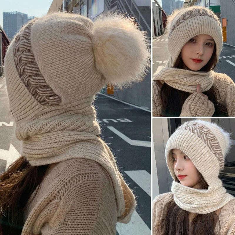 KIMLUD, Women Winter Hood Beanies Thick Woolen Knitted Hat+Scarf Fur Pompom Crochet Bonnet Outdoor Ski Female Cap Warm Headgear, KIMLUD Womens Clothes