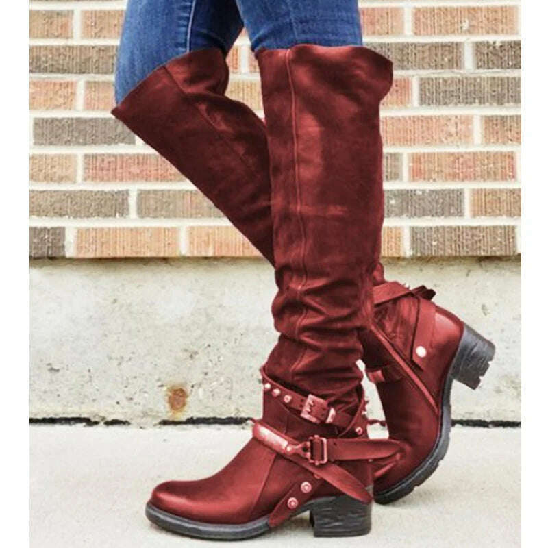 KIMLUD, Women Winter Leather Punk style knee boots Vintage stud zip Women's boots with belt buckle Plus Size shoes, KIMLUD Womens Clothes