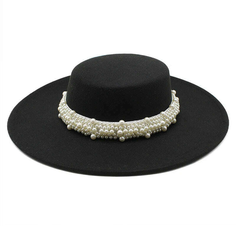 KIMLUD, Women Wool Felt Hats White 9.5cm Wide Brim Fedoras for Wedding Party Church Hats Pork Pie Fedora Hat Floppy Derby Triby Hats, black / size 57-59cm, KIMLUD APPAREL - Womens Clothes