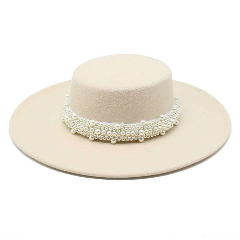 KIMLUD, Women Wool Felt Hats White 9.5cm Wide Brim Fedoras for Wedding Party Church Hats Pork Pie Fedora Hat Floppy Derby Triby Hats, Beige / size 57-59cm, KIMLUD APPAREL - Womens Clothes