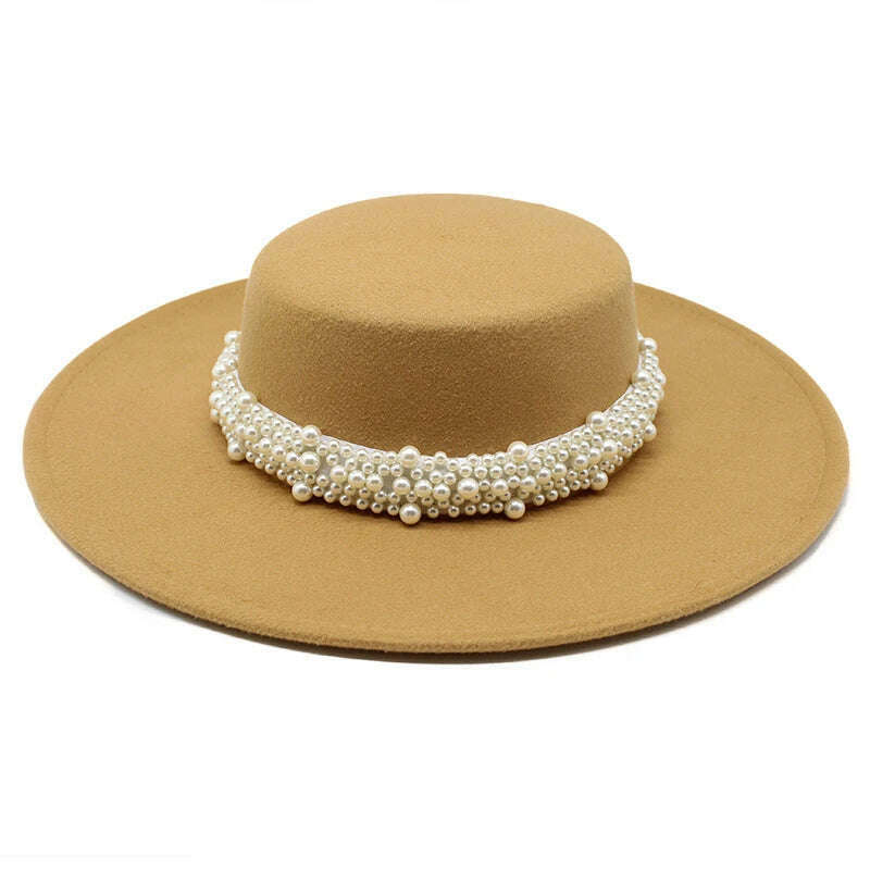 KIMLUD, Women Wool Felt Hats White 9.5cm Wide Brim Fedoras for Wedding Party Church Hats Pork Pie Fedora Hat Floppy Derby Triby Hats, Camel / size 57-59cm, KIMLUD APPAREL - Womens Clothes