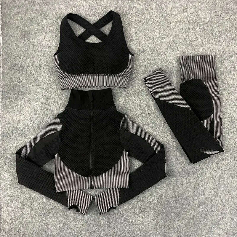 KIMLUD, Women's 3pcs Seamless Workout Outfits Sets Yoga Sportswear Tracksuit Leggings and Stretch Sports Bra Fitness, Black grey 3-PCS set / S, KIMLUD APPAREL - Womens Clothes