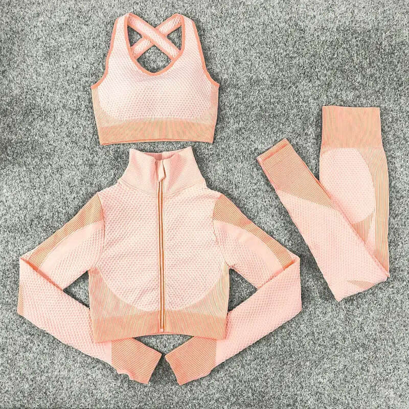 KIMLUD, Women's 3pcs Seamless Workout Outfits Sets Yoga Sportswear Tracksuit Leggings and Stretch Sports Bra Fitness, Pink 3-PCS set / S, KIMLUD APPAREL - Womens Clothes