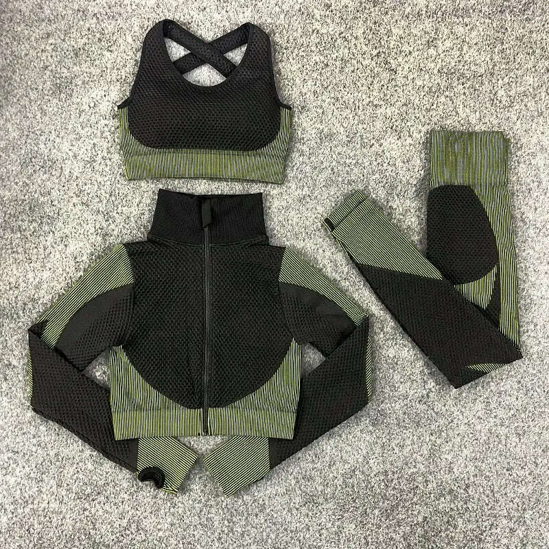 KIMLUD, Women's 3pcs Seamless Workout Outfits Sets Yoga Sportswear Tracksuit Leggings and Stretch Sports Bra Fitness, Green 3-PCS set / S, KIMLUD APPAREL - Womens Clothes